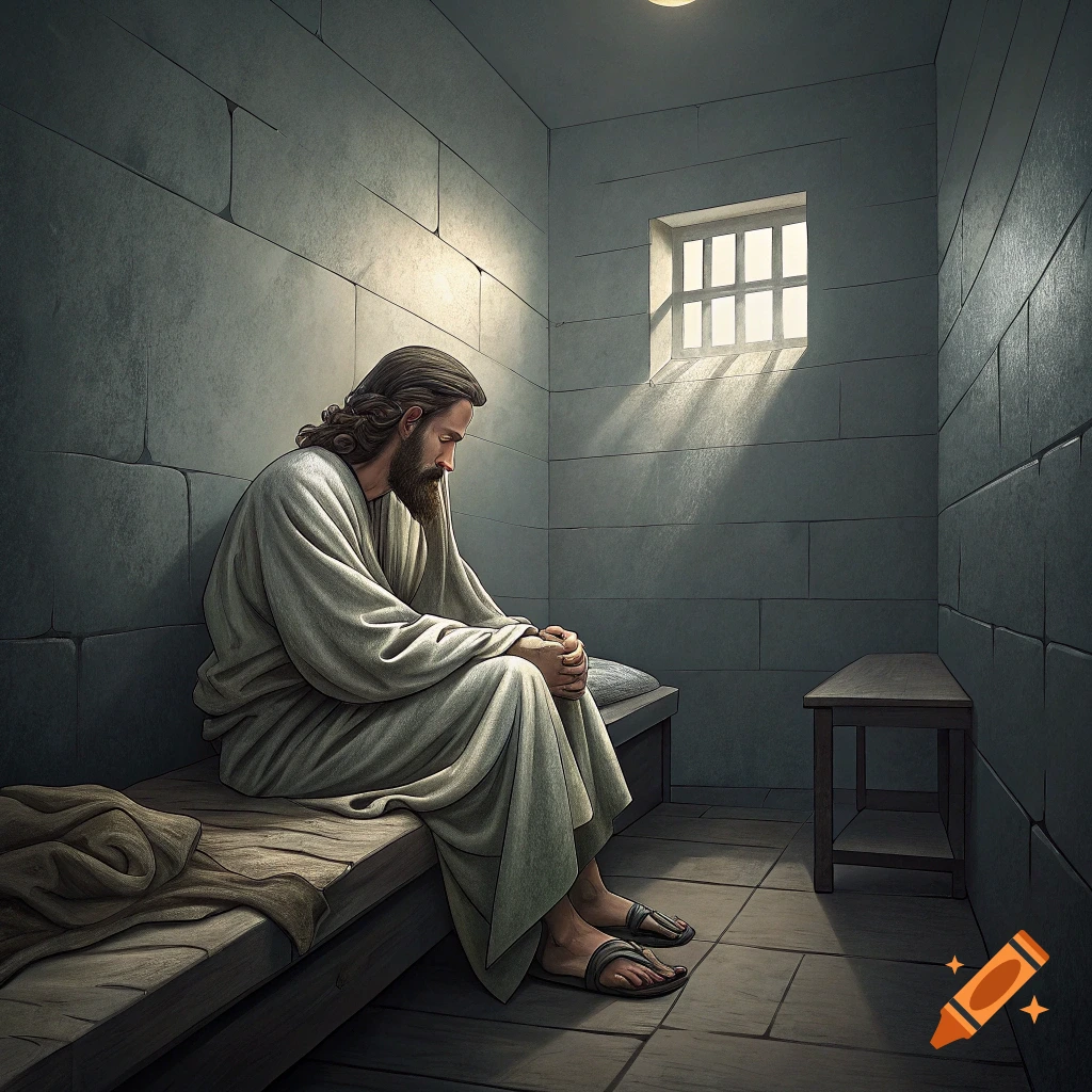 Jesus sits alone on a bed in a dimly lit prison cell, light streaming from a barred window.