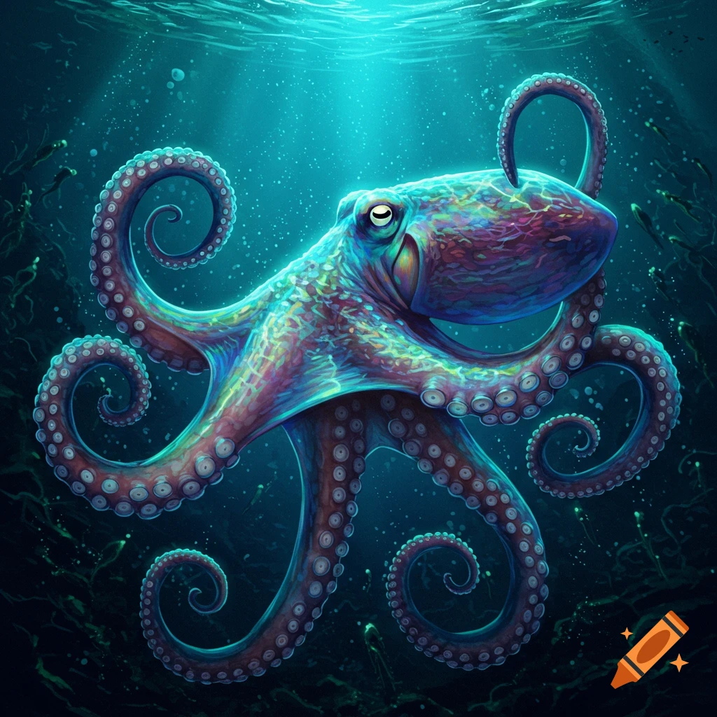 A vibrant, colorful octopus with glowing eyes swimming in deep blue water.