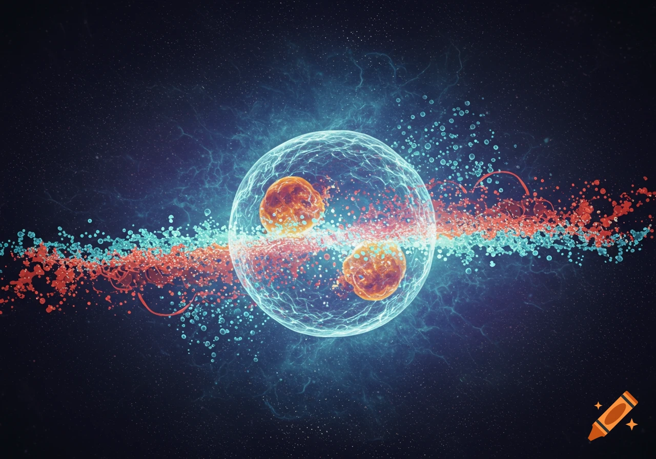 An abstract illustration of a cell undergoing division, surrounded by glowing energy and particles.