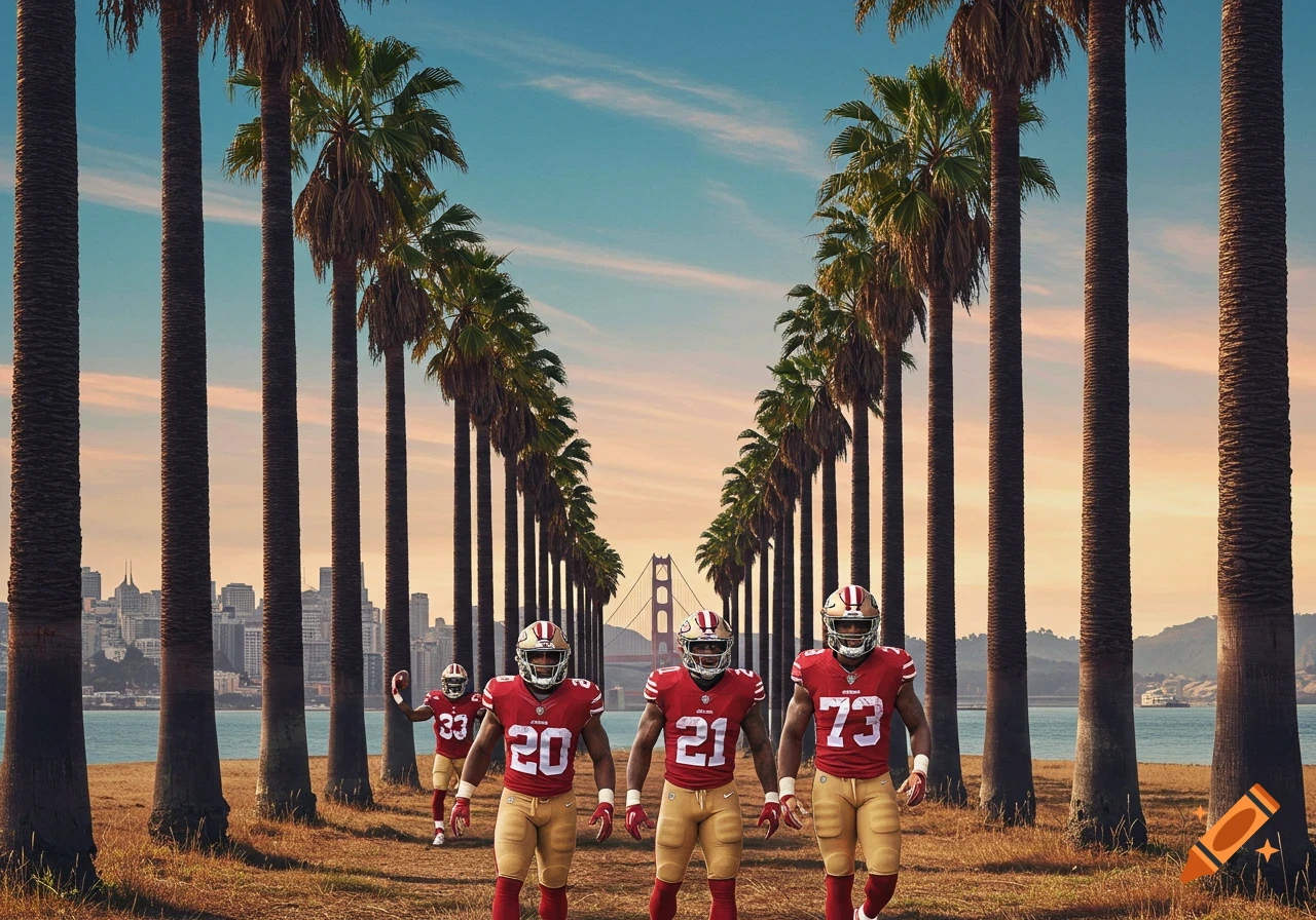 American football players in red jerseys walk down a palm tree-lined avenue with the San Francisco skyline and Golden Gate Bridge in the background.