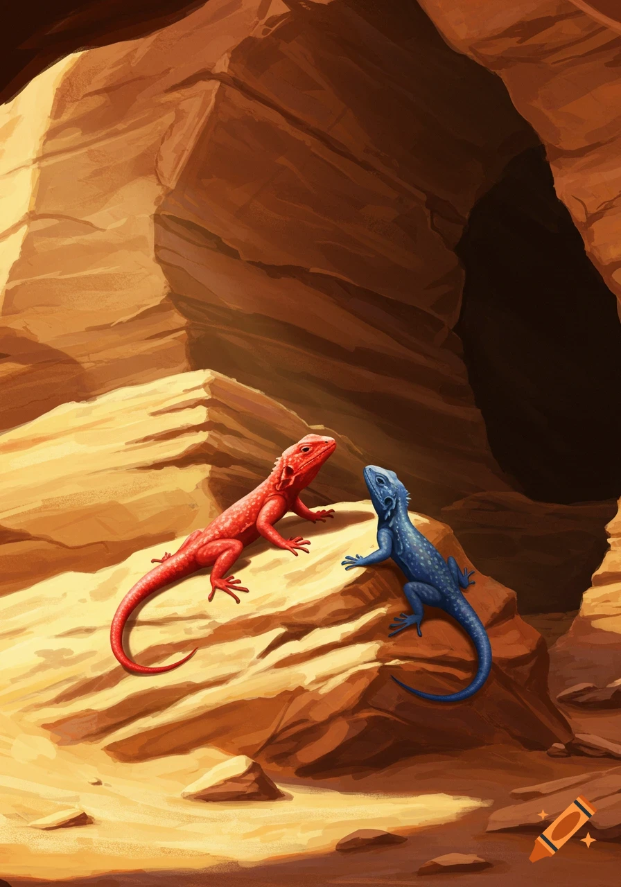 Two lizards, red and blue, sit on rocks in a desert cave, illustration style.