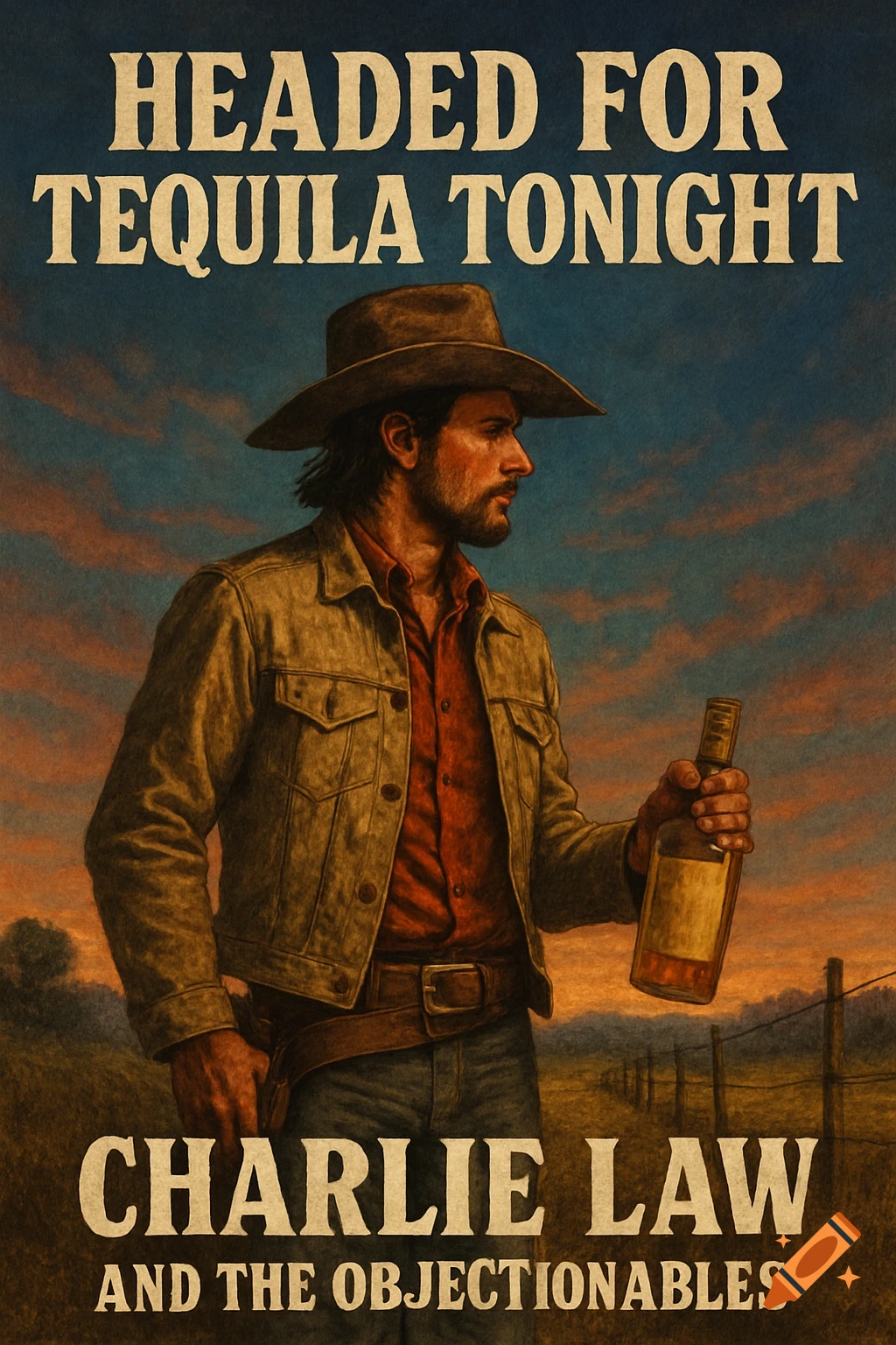 Man in cowboy hat holding a bottle with titles 'Headed for Tequila Tonight' and 'Charlie Law and the Objectionables'
