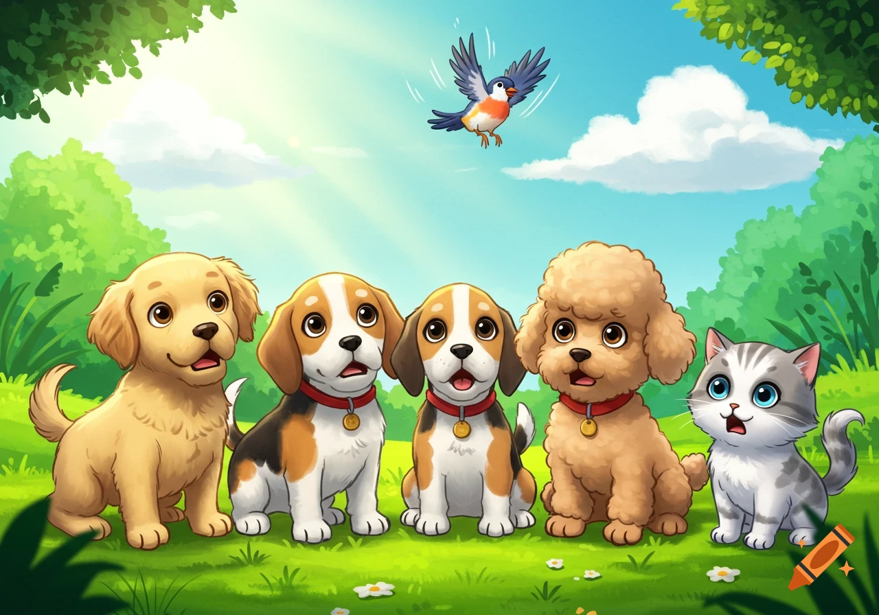 Cartoon puppies and kitten looking up at a bird in a grassy field.