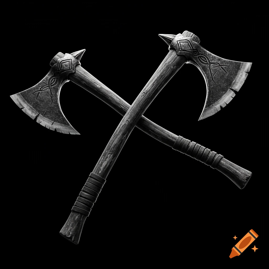 Two crossed hand axes in black and white.