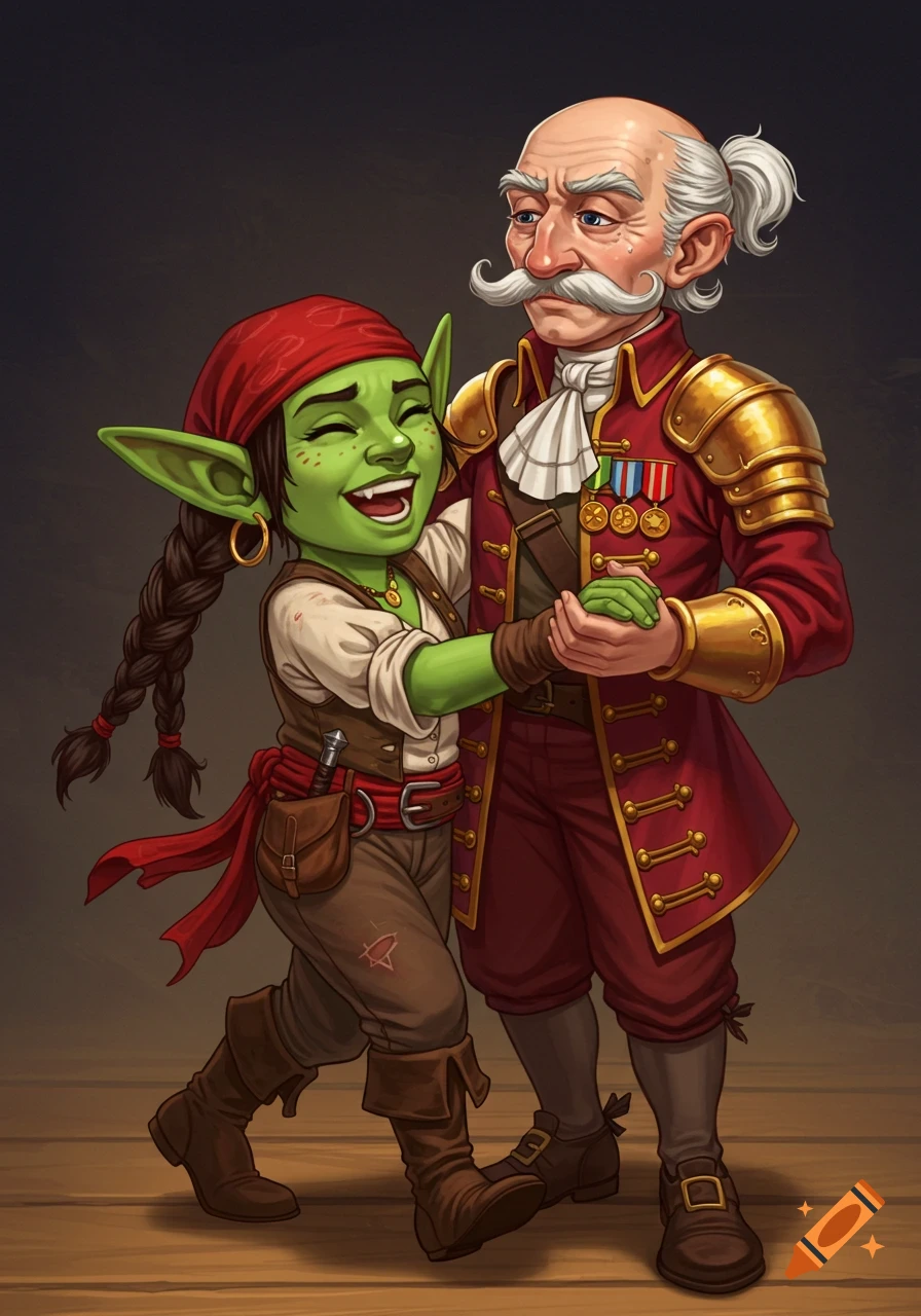 A small, green goblin in pirate attire dances happily with an old human man in a red noble's coat.
