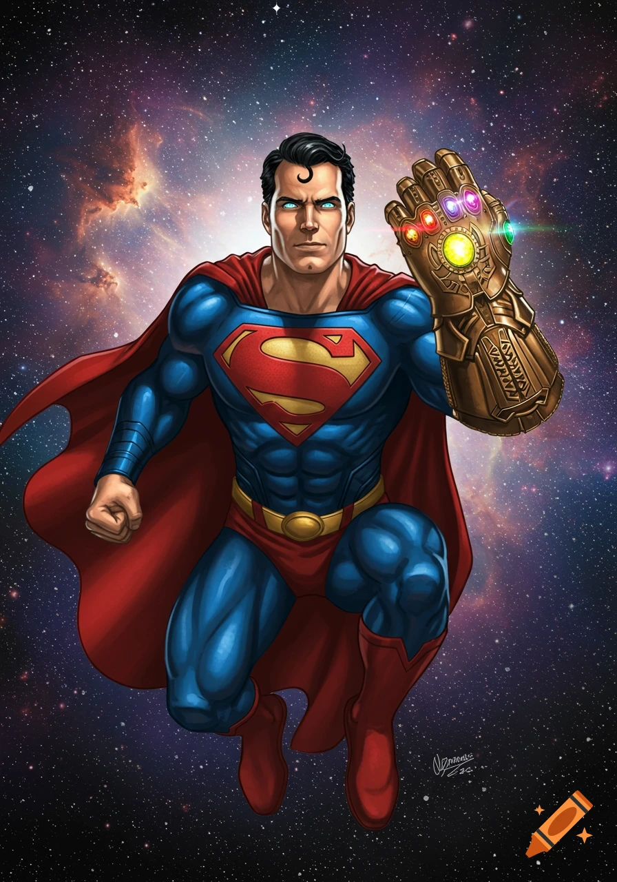 Comic art of Superman flying in space, wearing the gold Infinity Gauntlet on his left hand.