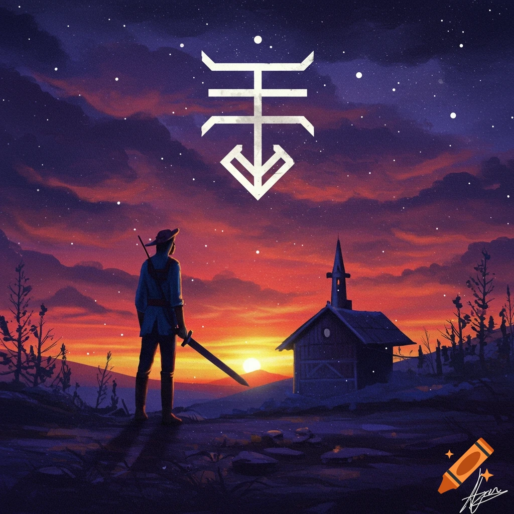 Person with sword watches sunset below large symbol in a stylized landscape painting.