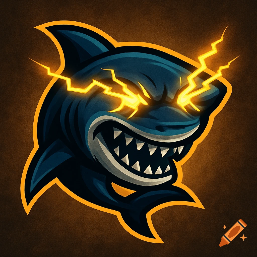 Stylized shark mascot logo with glowing lightning eyes.