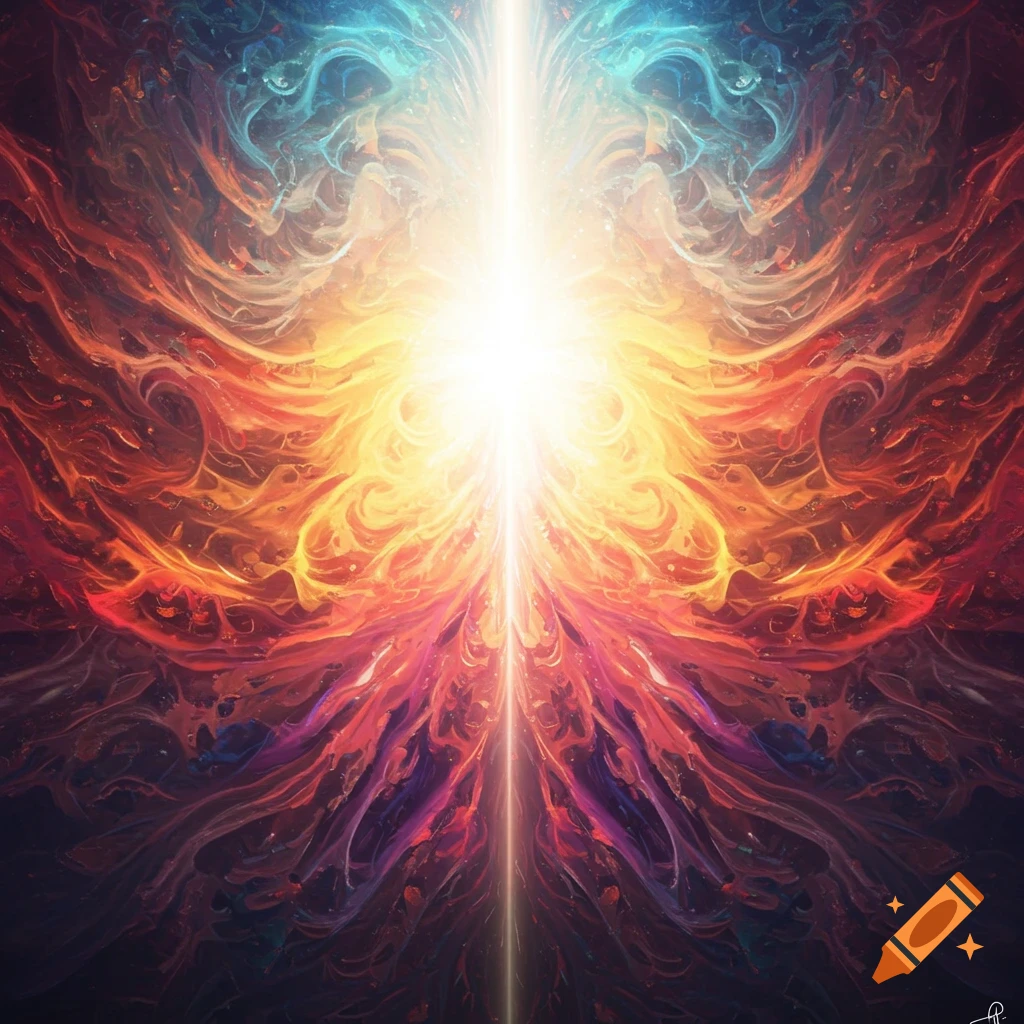 Symmetrical abstract image with bright light at center and swirling red, orange, yellow, blue, and purple energy.