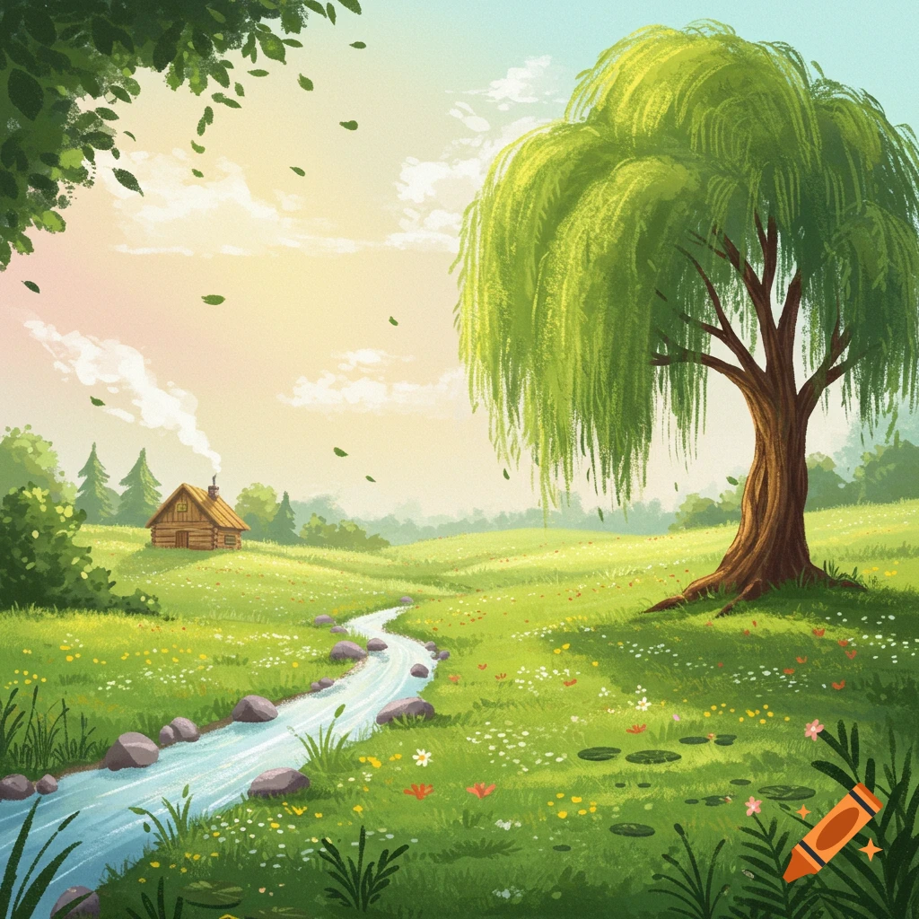 アンヌマリー風景画 Drawing of a peaceful landscape with a cabin, stream, large