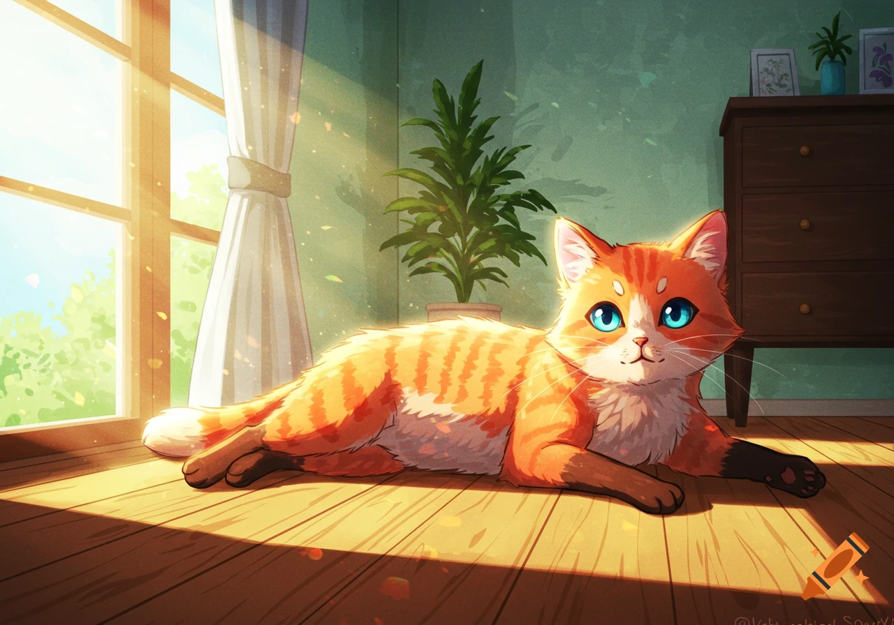 An orange tabby cat with blue eyes lies in a sunbeam on a wooden floor near a window, anime watercolor style.