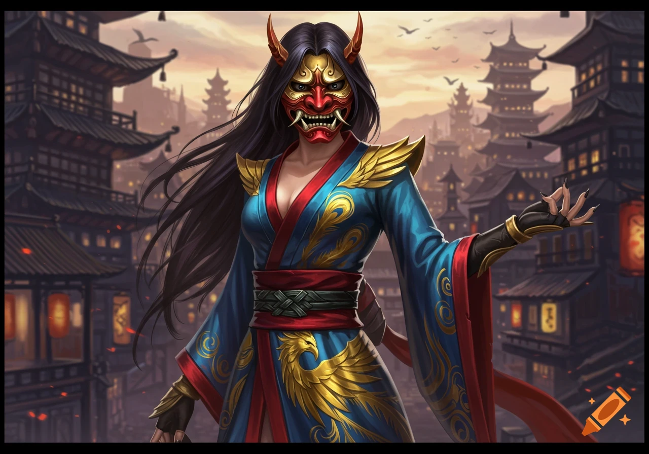Female character in an Oni mask and blue robe with golden phoenix standing in a Japanese city.