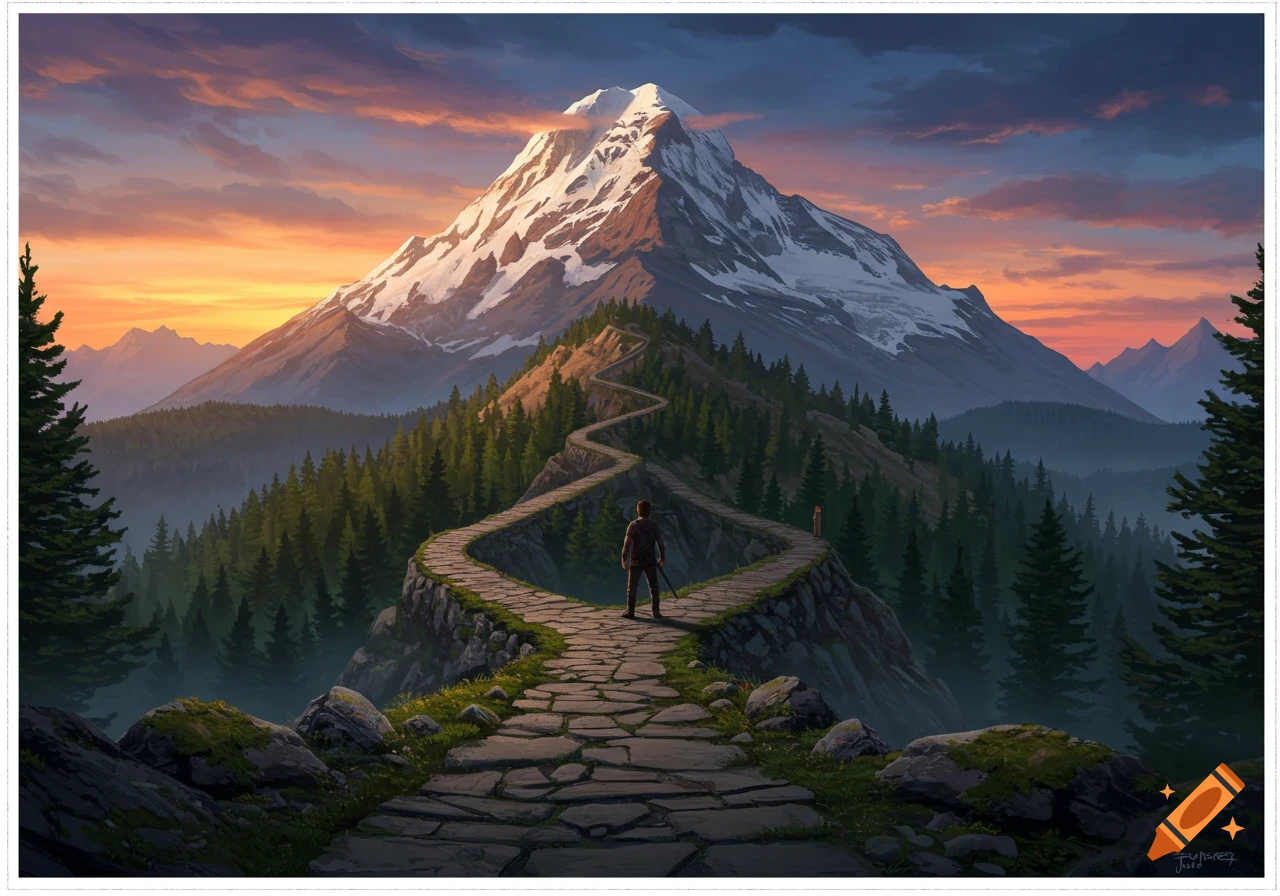 Digital painting of a winding path splitting towards a large mountain under a sunset sky, with small figures walking.