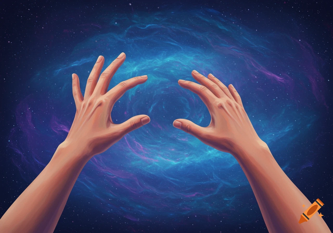 Two hands reaching out towards a swirling blue and purple nebula in space.