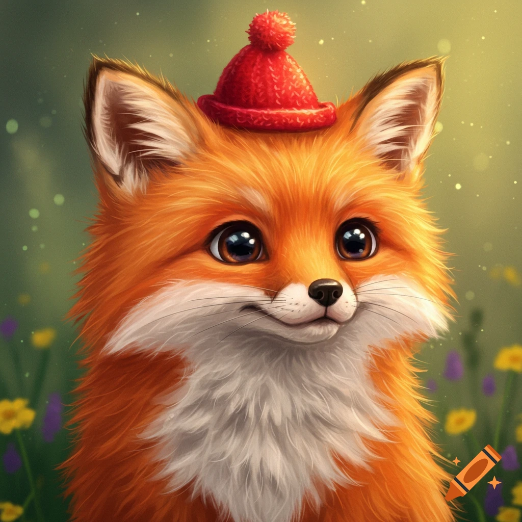 A cute fox wearing a red hat.