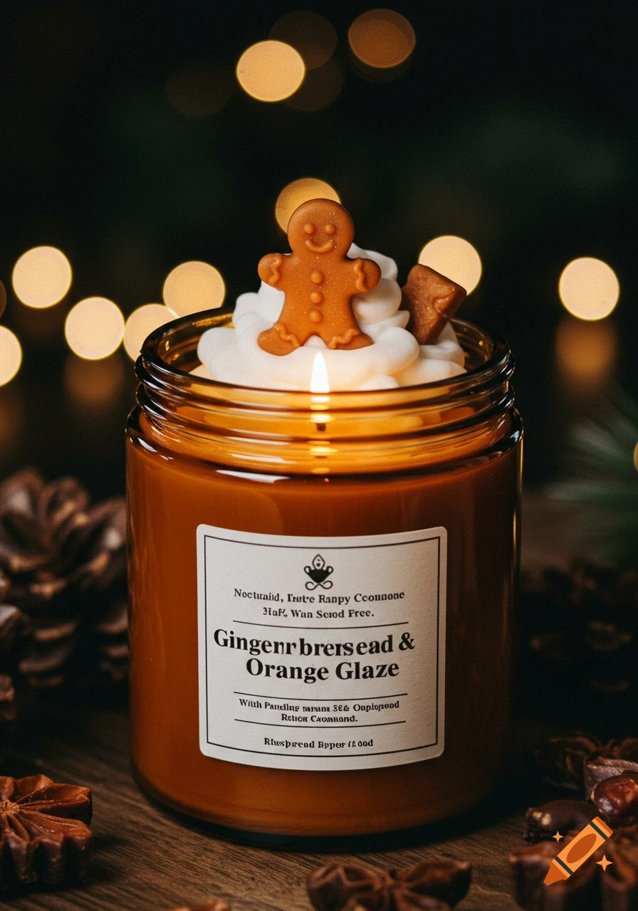 A gingerbread and orange glaze scented candle in an amber jar, topped with whipped wax and a gingerbread man, against a background of bokeh lights.