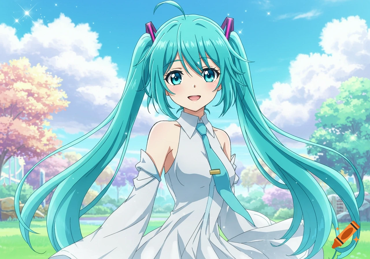Anime girl with long turquoise pigtails in a white outfit smiles in a bright park setting.