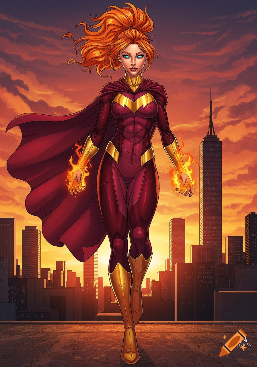 Superheroine in red and gold costume with fiery hands stands on a ...