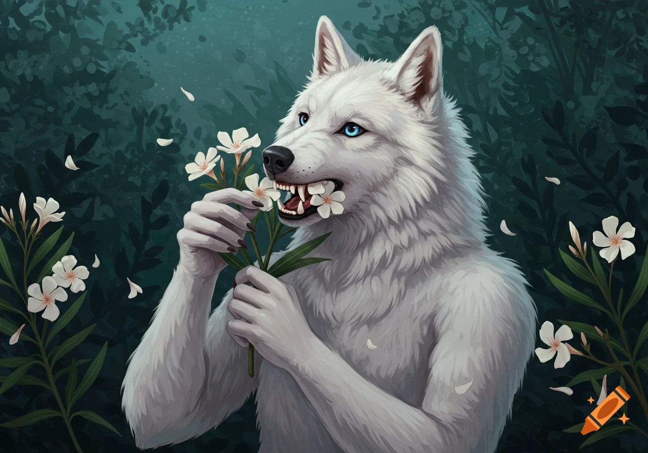 A white wolf-like creature with blue eyes holds and bites white flowers in a dark forest.