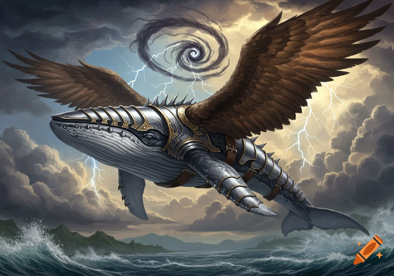 An armored whale with eagle wings flies through a stormy sky above a rough sea in a fantasy style.