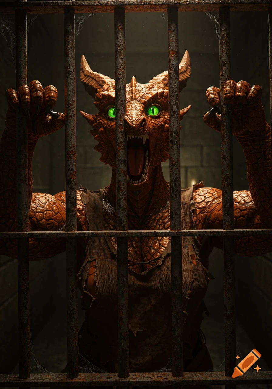 A bronze dragonborn creature yells behind rusty prison bars in a dark dungeon.