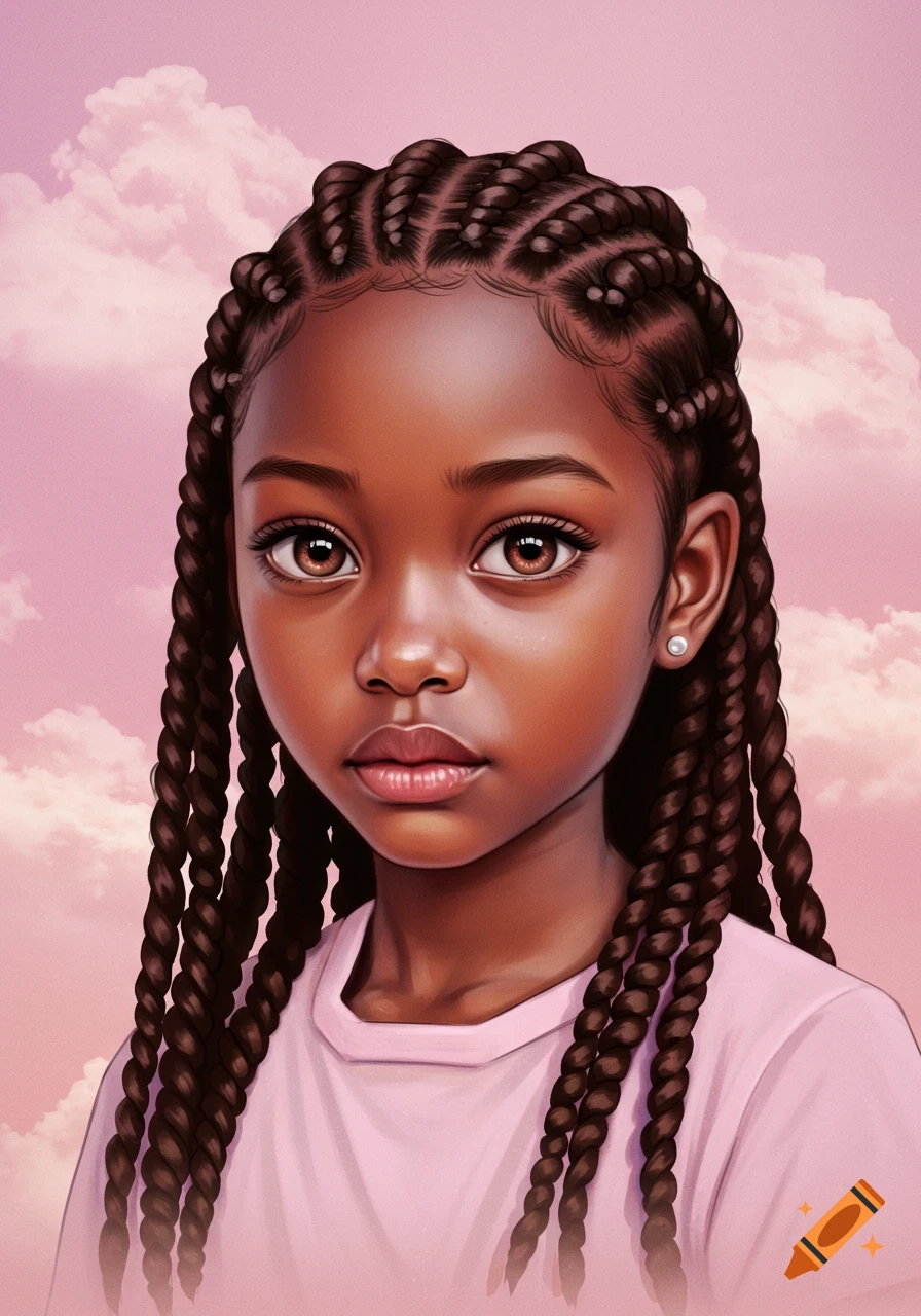 Illustration of a young girl with dark skin and braids against a pink sky with clouds.
