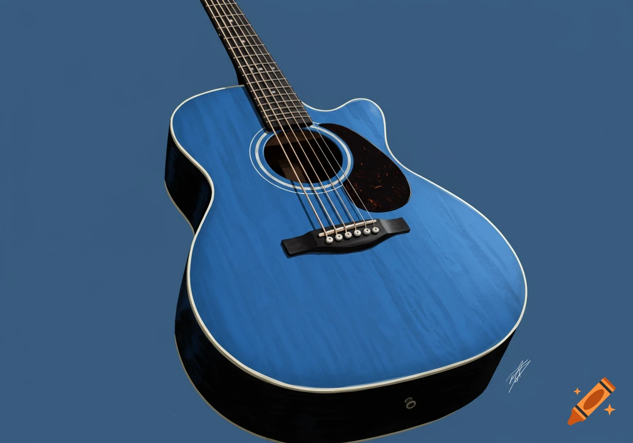 A blue acoustic guitar against a blue background.
