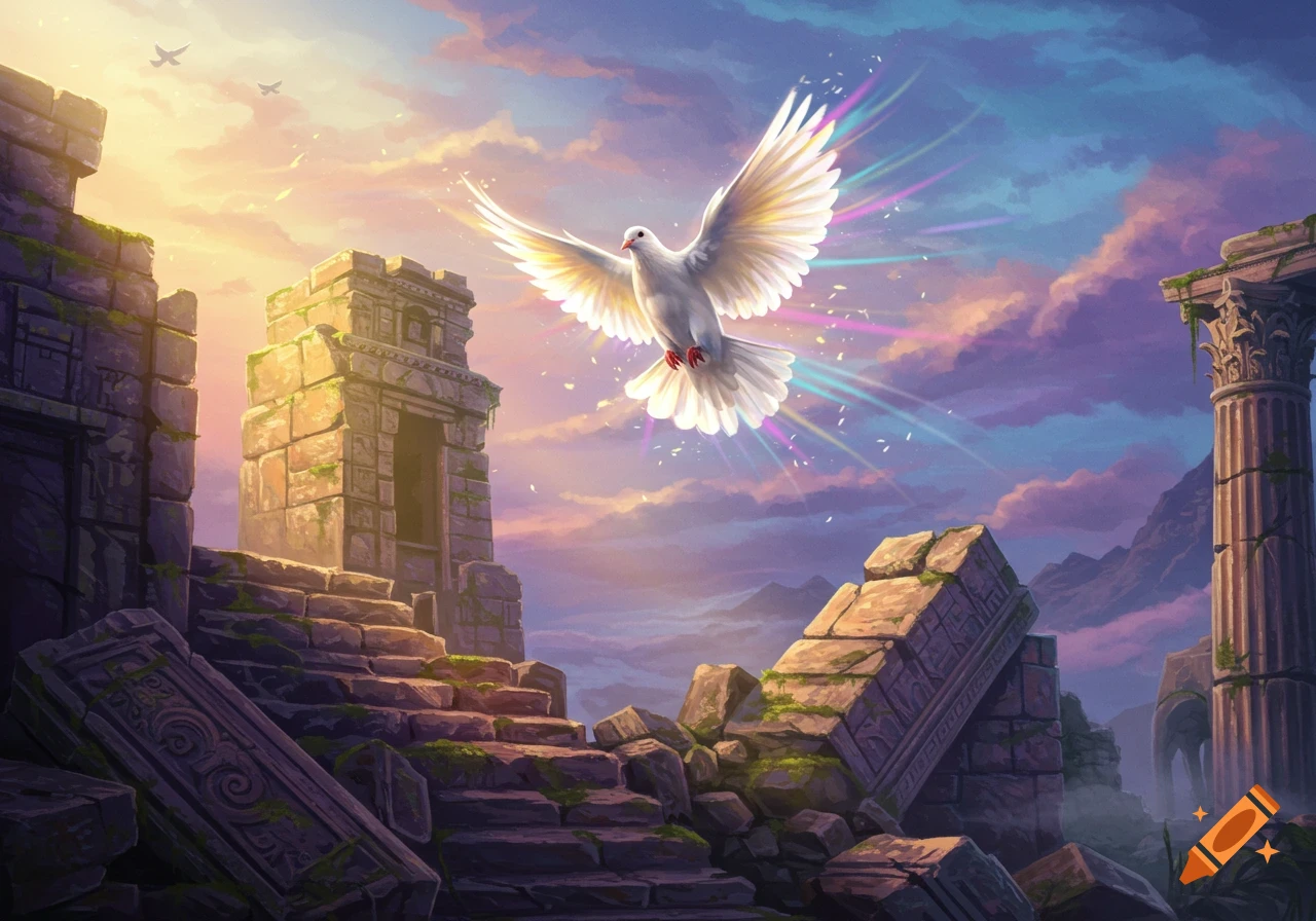 A white dove with colorful glowing trails flies over ancient stone ruins under a dramatic sky at sunset.