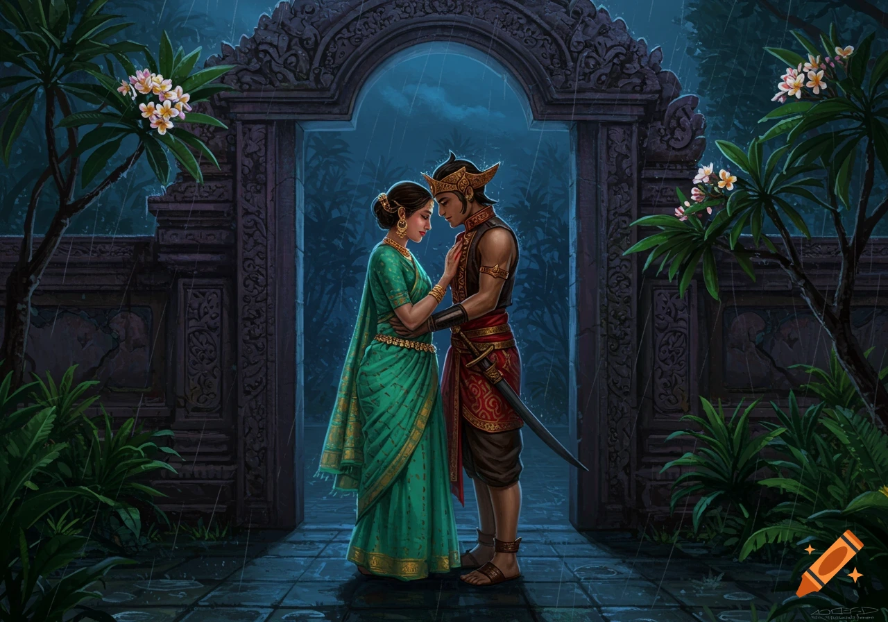 A couple embraces under a stone archway in a lush garden during a rain shower.
