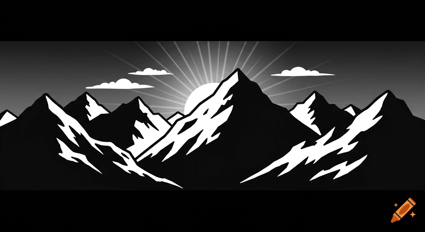 Black and white clipart drawing of mountains with a sunrise.