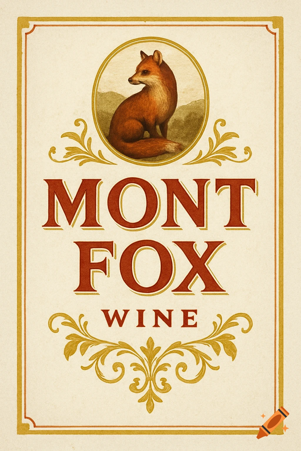 Vintage wine label with a seated fox in an oval frame and text 'MONT FOX WINE'.