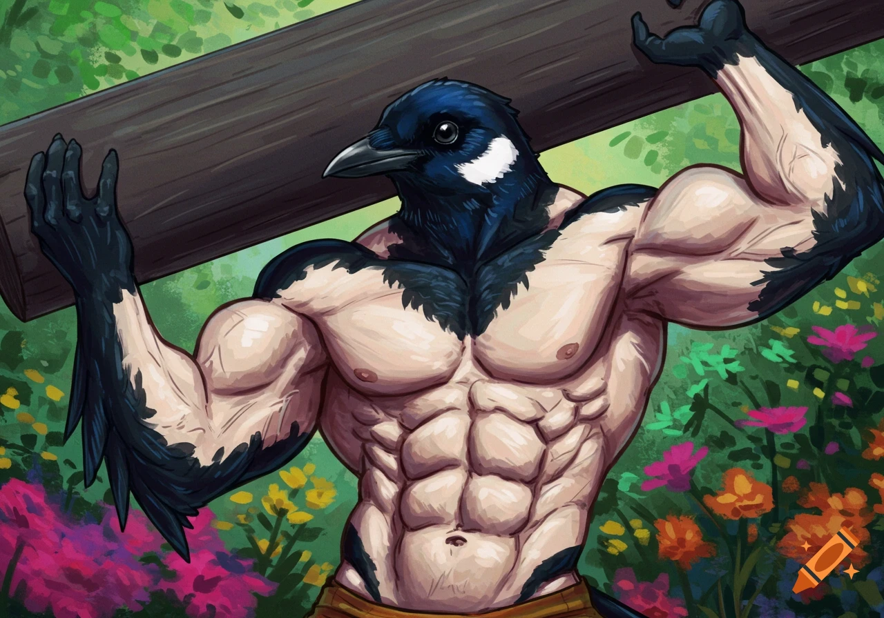 Muscular magpie-headed man carrying a log through a colorful forest.
