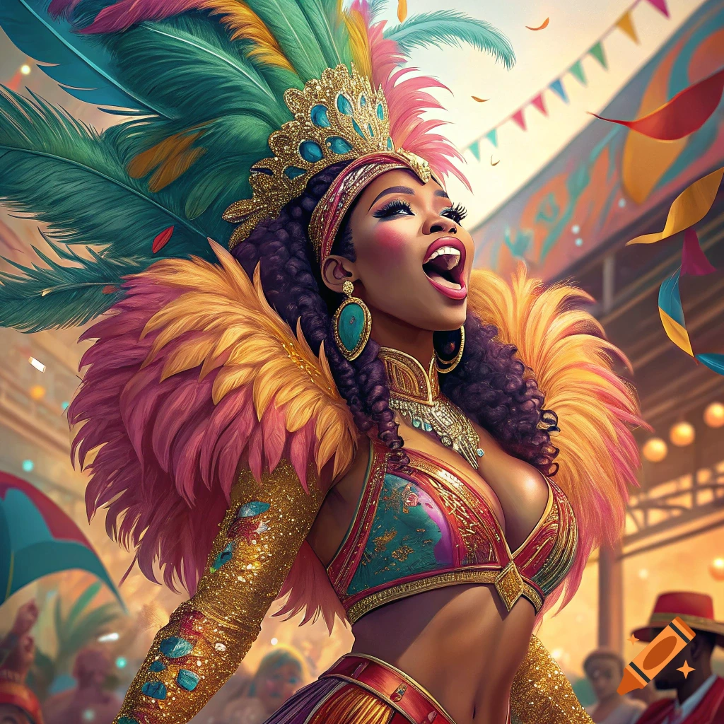 Woman in vibrant feathered carnival costume singing in a festive setting.