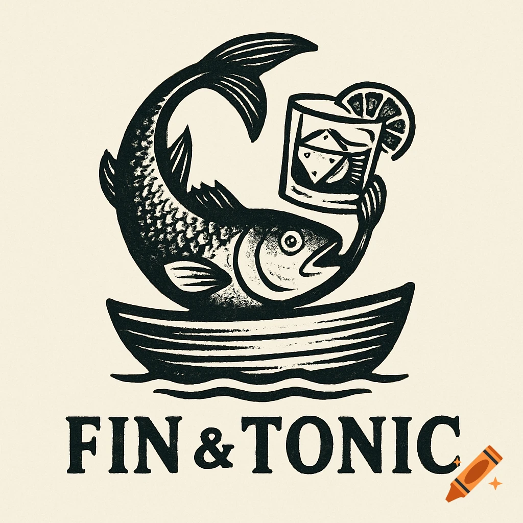 Black and white linocut style illustration of a fish in a boat holding a drink, with the text 'FIN & TONIC' below.
