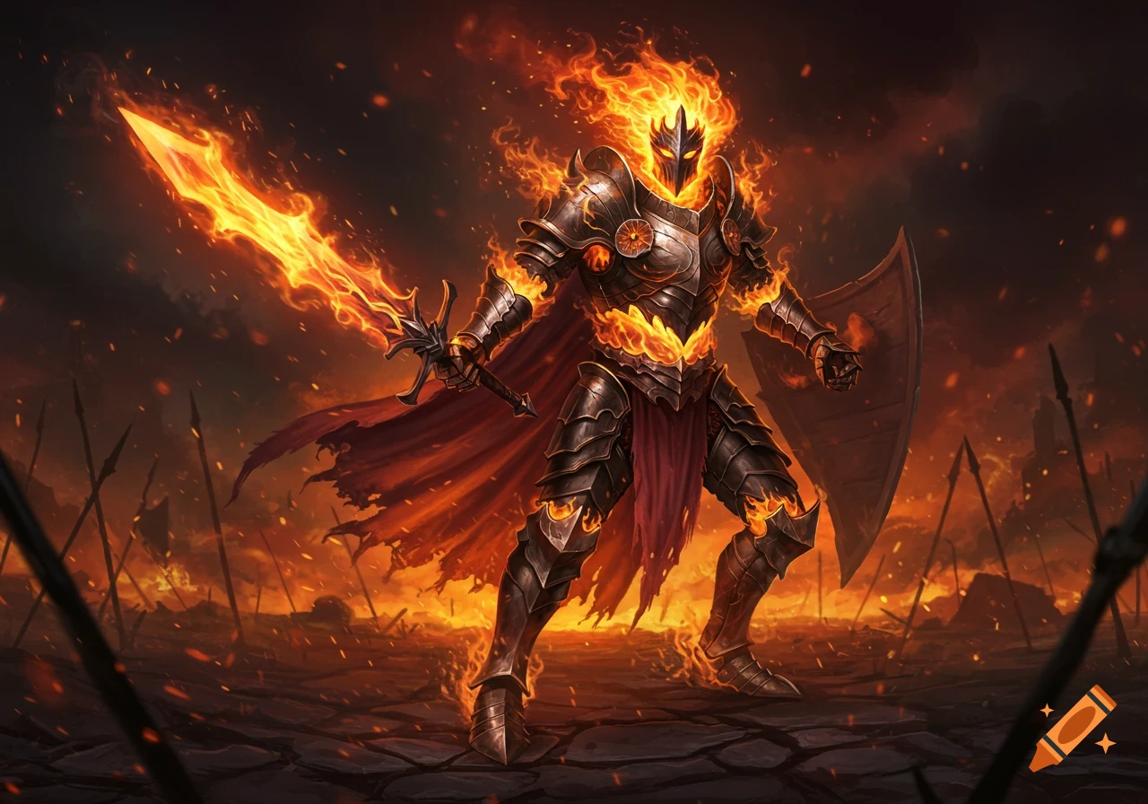 A knight clad in dark armor, engulfed in flames, holds a fiery sword and shield in a battle-scarred landscape.