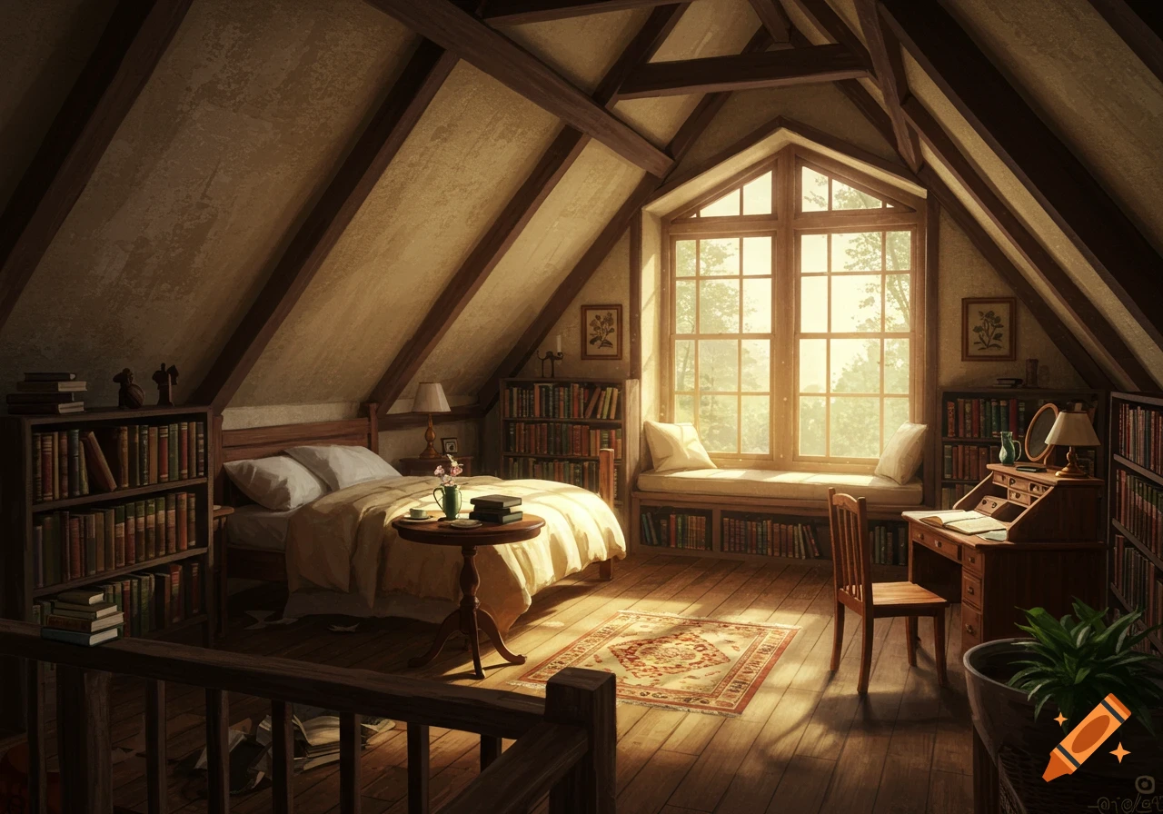 Cozy attic room with bed, desk, bookshelves, and sunny window seat.