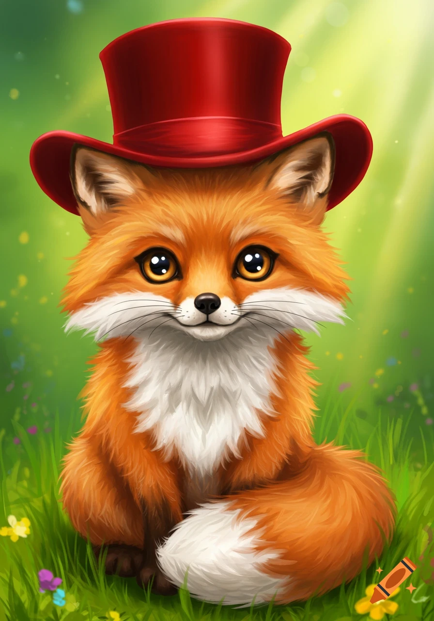A cute cartoon fox wearing a red top hat sits in bright green grass.