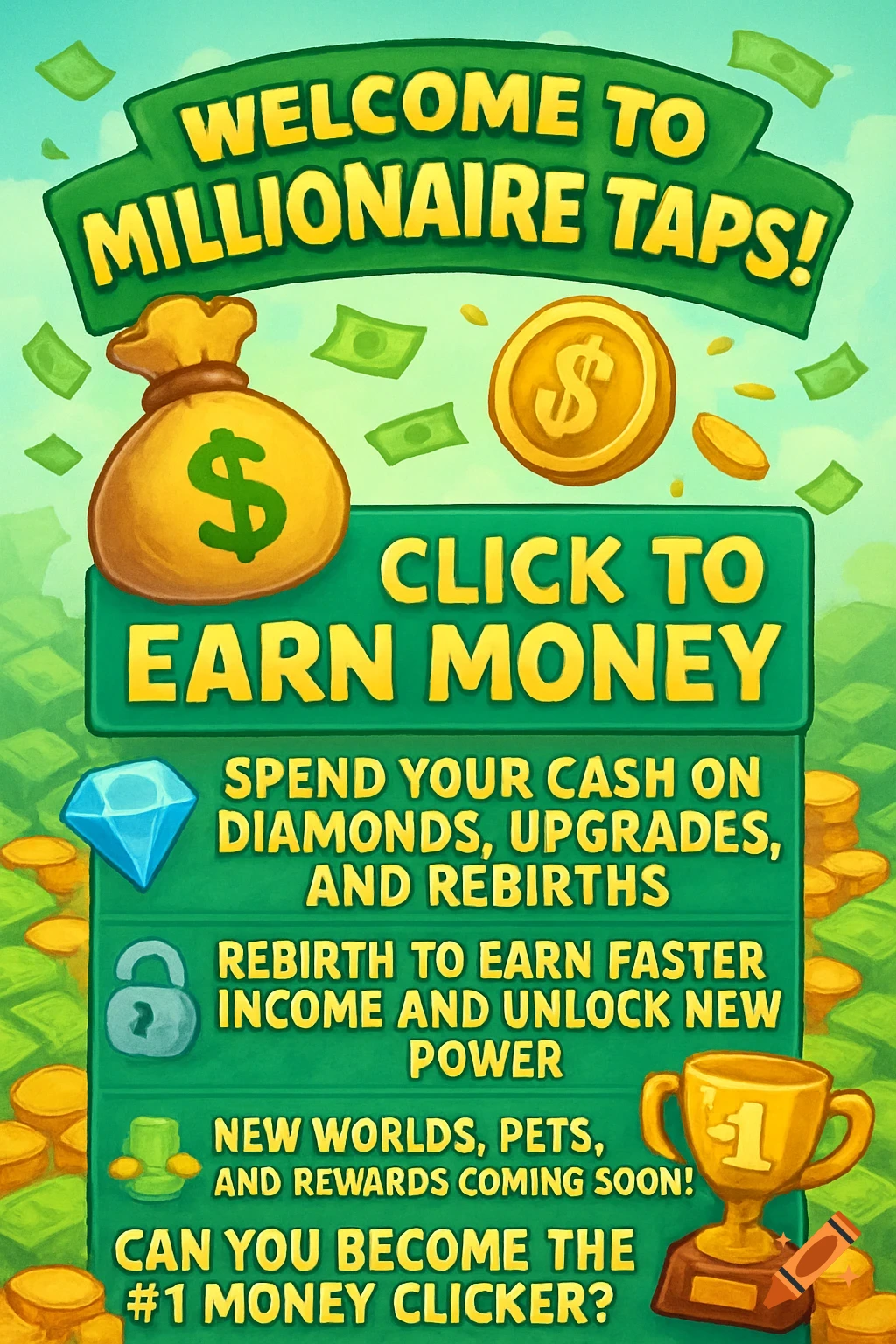 Cartoon banner for "Millionaire Taps" game about earning money by clicking, featuring cash, coins, diamond, lock, and trophy.
