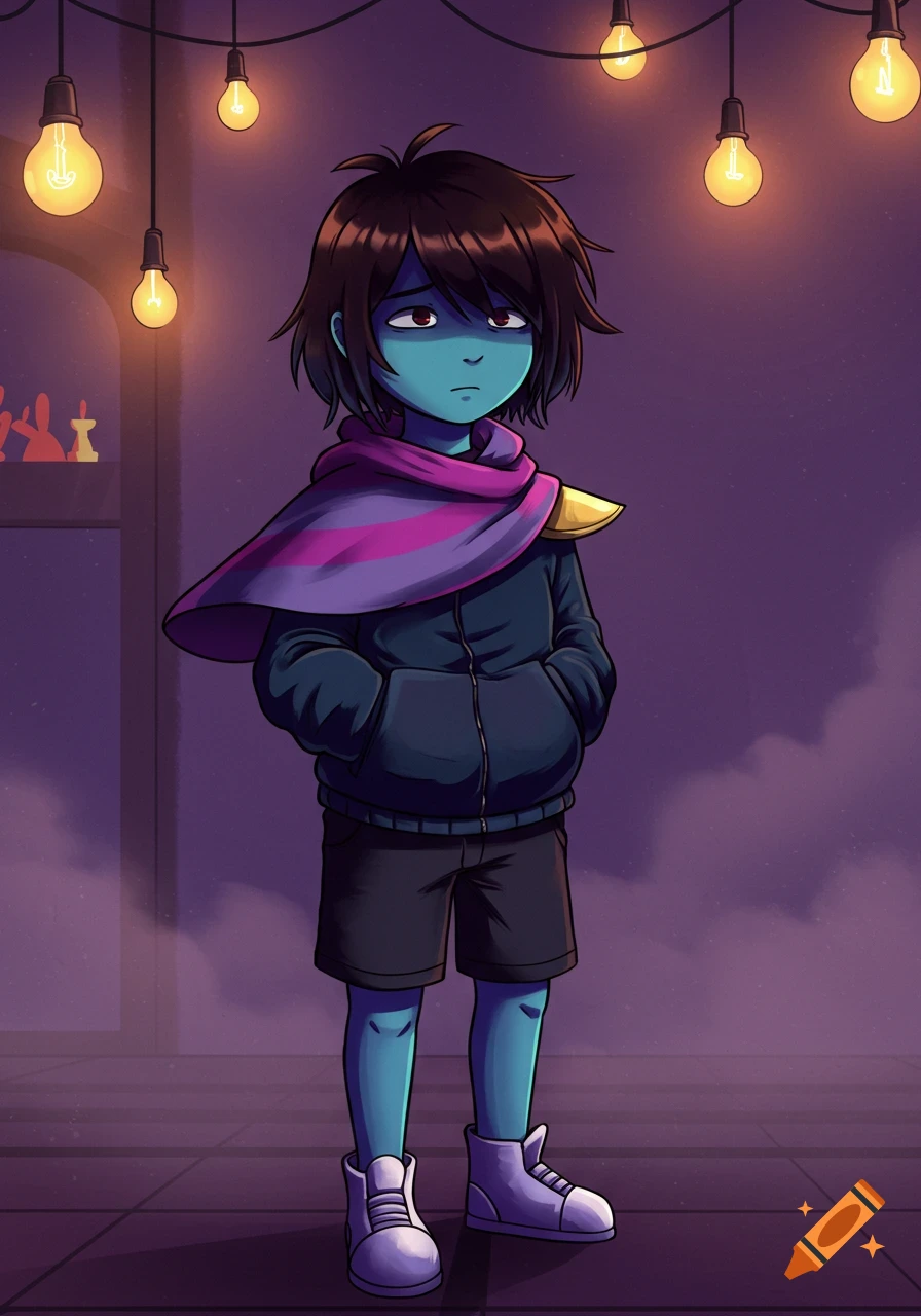 Kris from Deltarune stands sadly outdoors under string lights, wearing a scarf, jacket, and shorts.