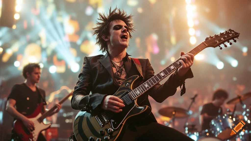 A musician with spiky hair plays a guitar on stage during a concert
