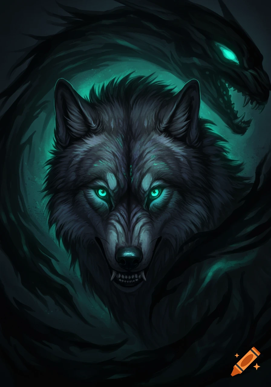 Close-up of an intense wolf face with glowing green eyes, teeth bared, against a dark, shadowy creature.