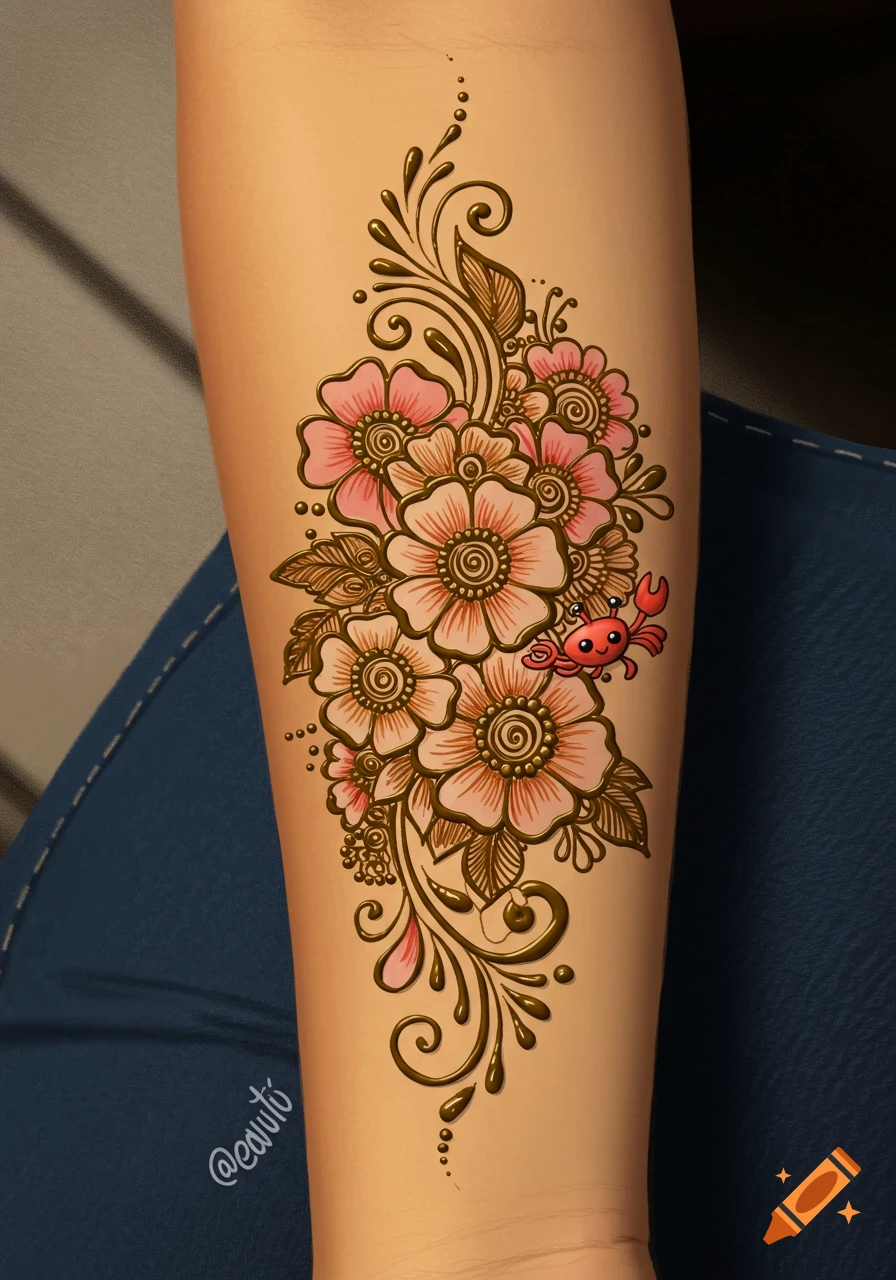 Henna tattoo of flowers and a crab on an arm