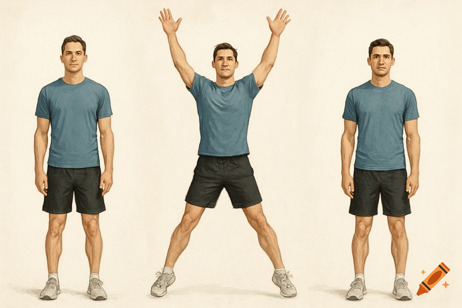 Illustration of a man performing jumping jacks, showing start, mid-jump, and end positions.