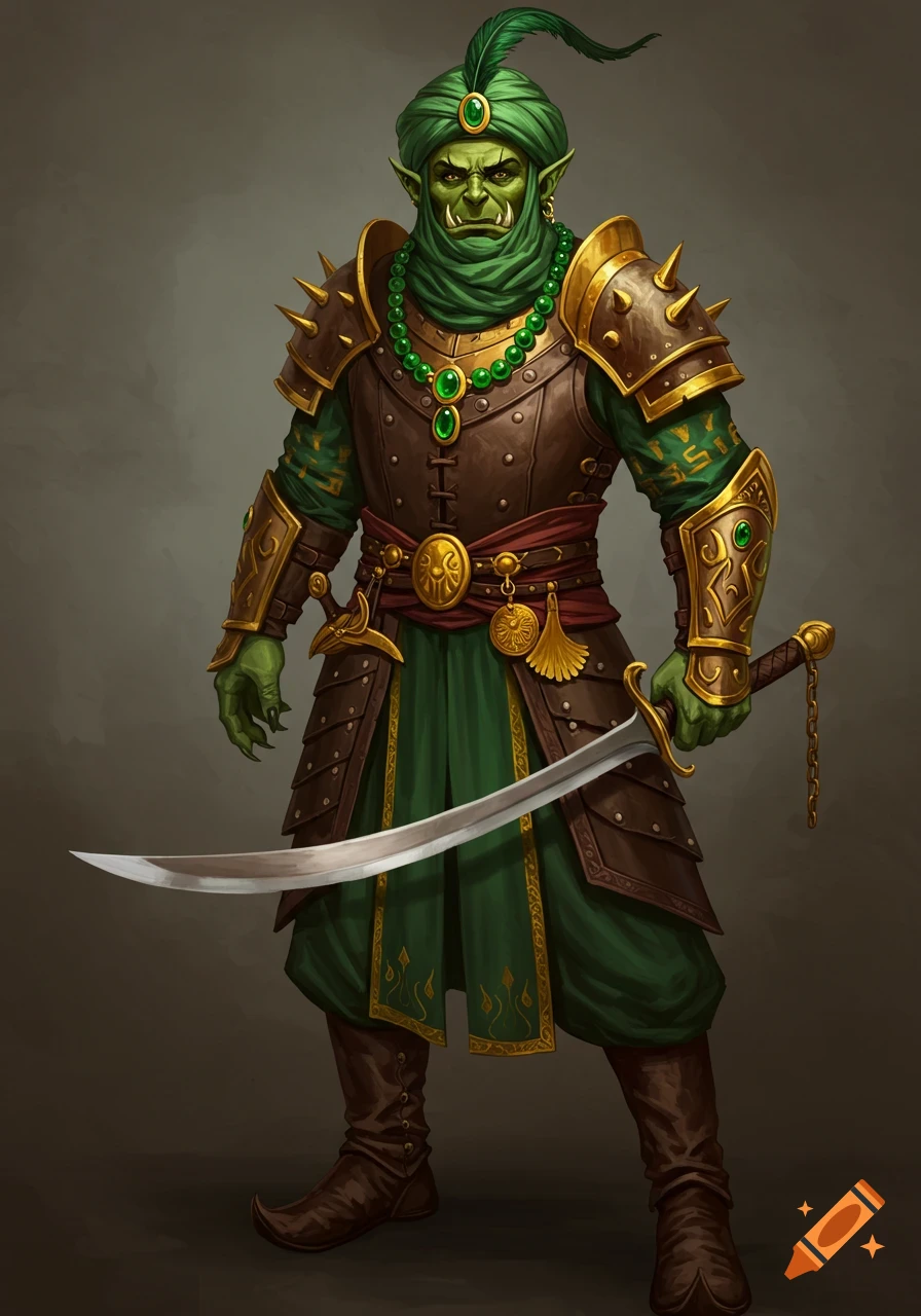 Full-body digital painting of a green-skinned orc warrior wearing a green turban and ornate gold and leather armor, holding a scimitar.