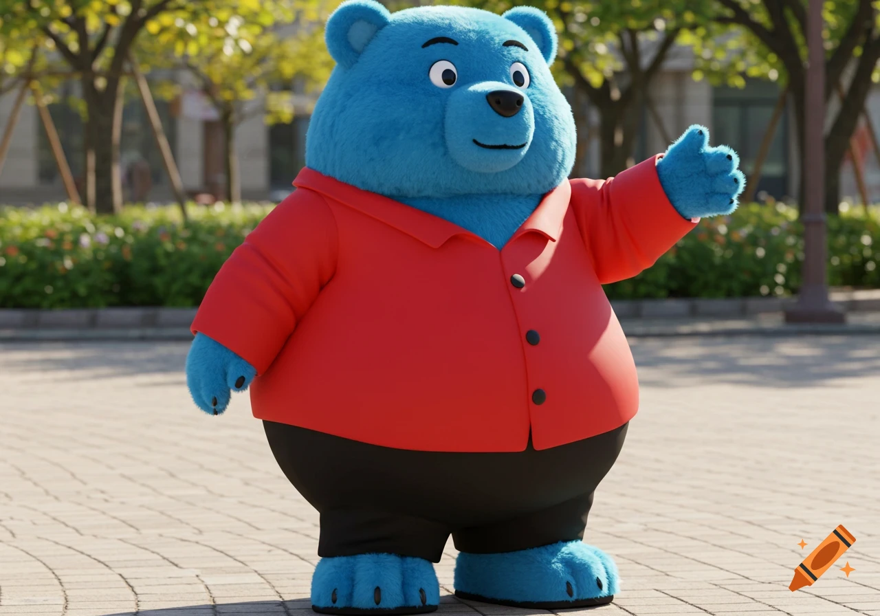 A fat blue bear mascot wearing a red jacket and black pants stands outdoors and waves.