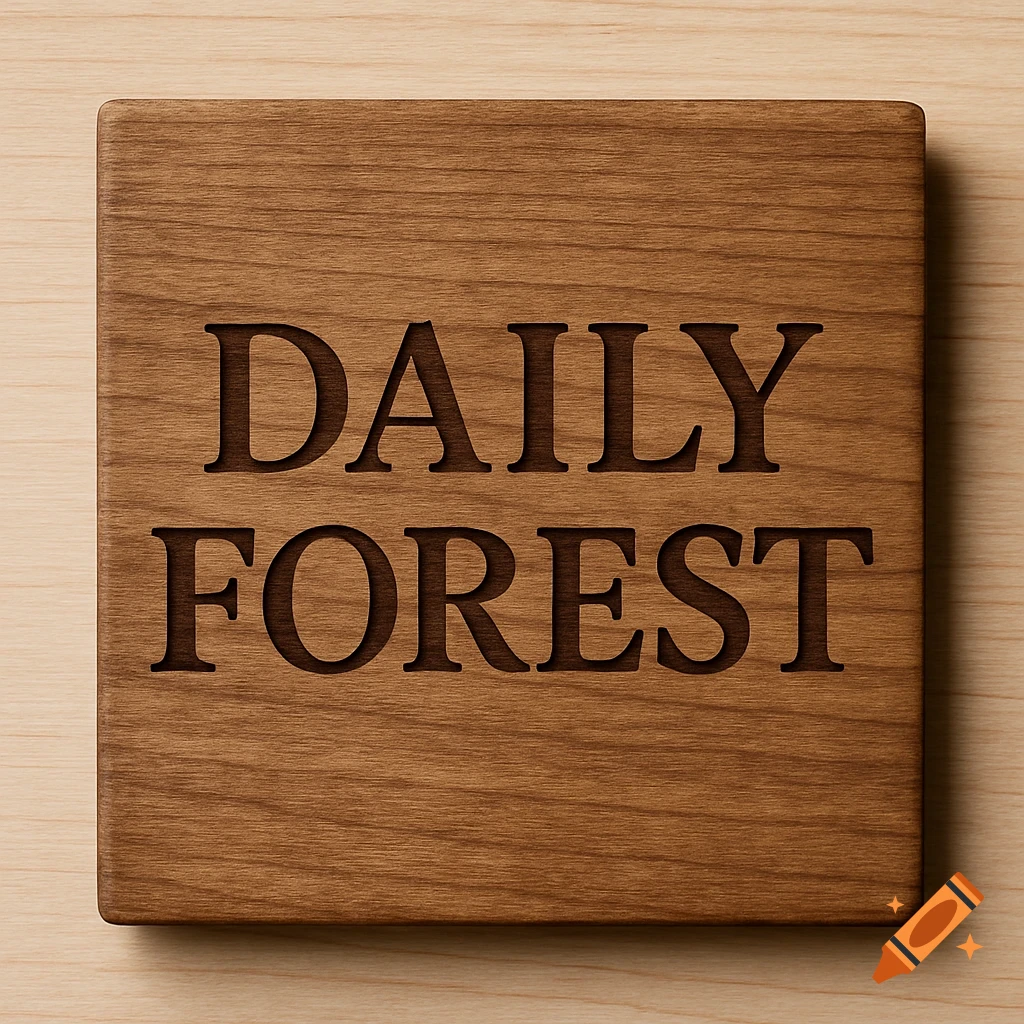 Wooden sign engraved with DAILY FOREST on a wood surface.