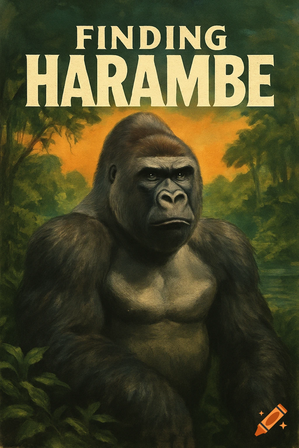 Movie poster with a large gorilla in a jungle, titled FINDING HARAMBE