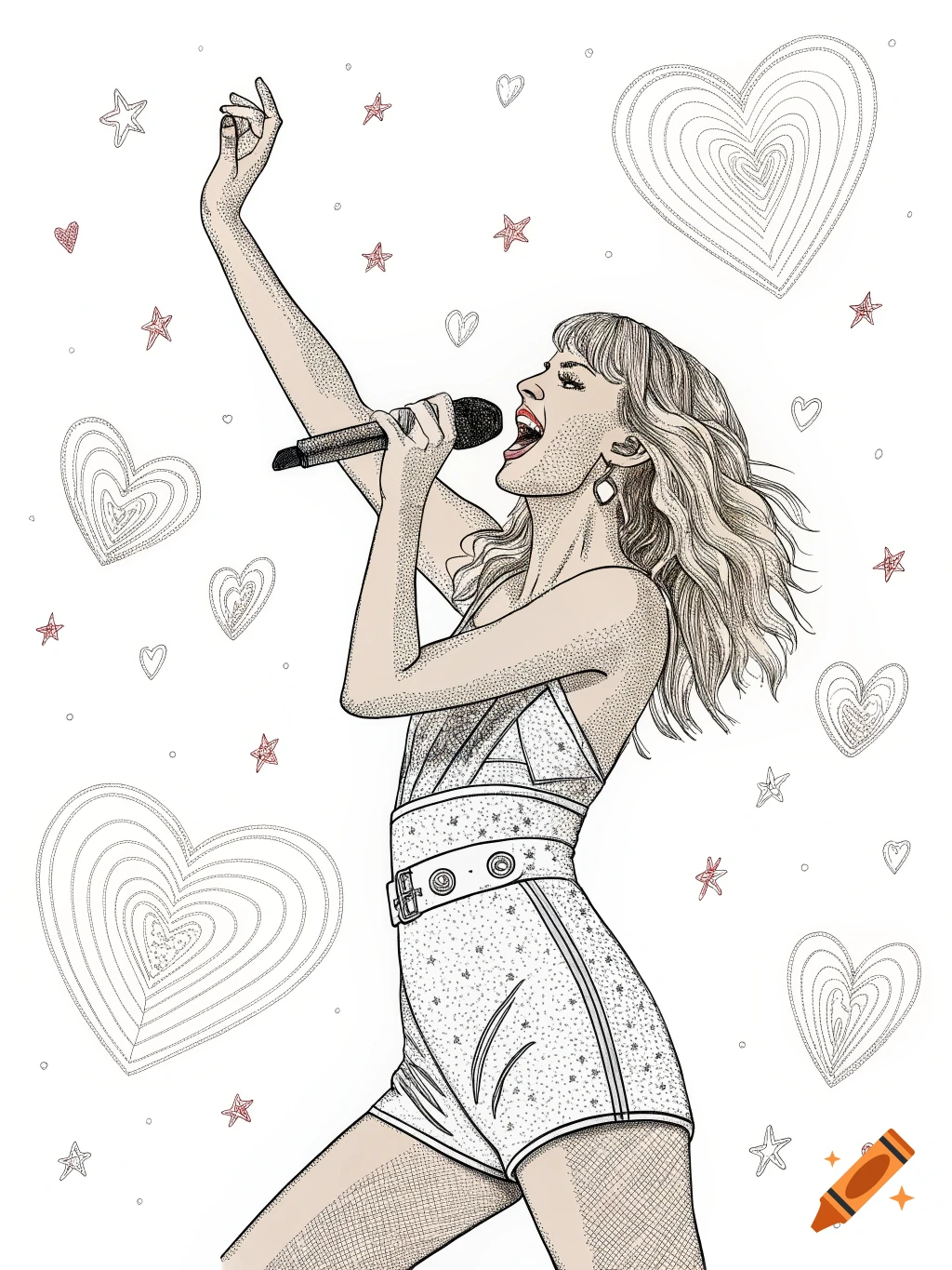 Line art illustration of a singer performing on stage with a microphone, surrounded by hearts and stars.