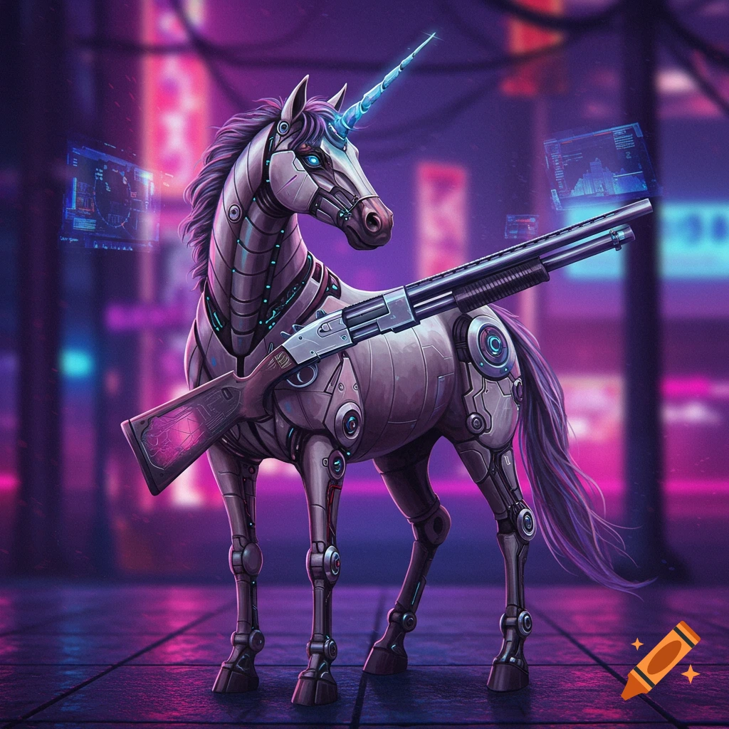 A cyborg unicorn holds a shotgun in a neon-lit cyberpunk city.