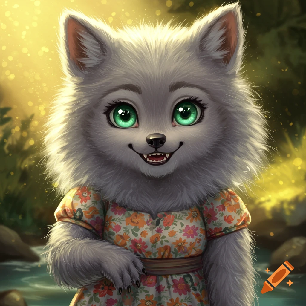 A cute anthropomorphic wolf wearing a floral dress stands by a river in a forest.